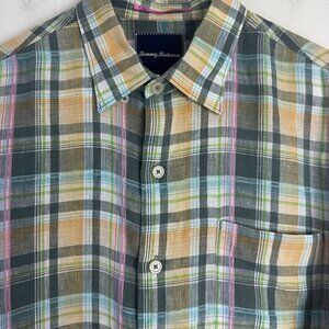 Tommy Bahama 100% Linen Long Sleeve Shirt Mens M Madras Plaid Colorful Travel‎